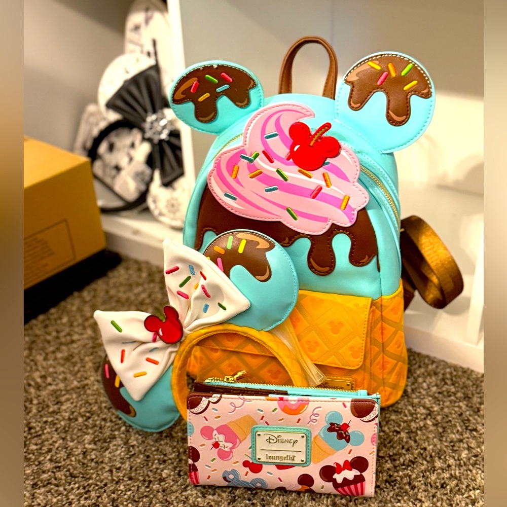 Disney Loungefly sweets Ice Cream Mini backpack, matching wallet and ears set.